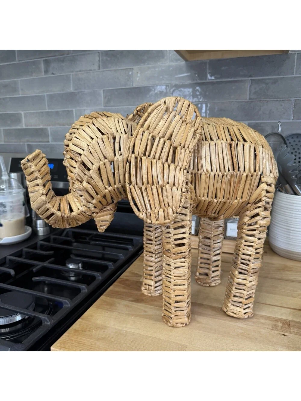 MCM 15” Woven Wicker Elephant Statue Decor Vintage Handmade Safari
